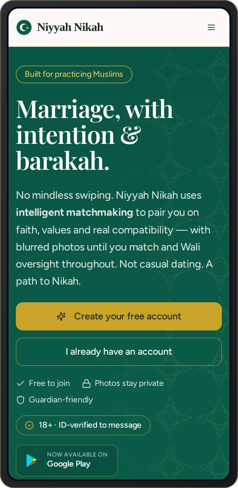 Niyyah Nikah home page on a phone