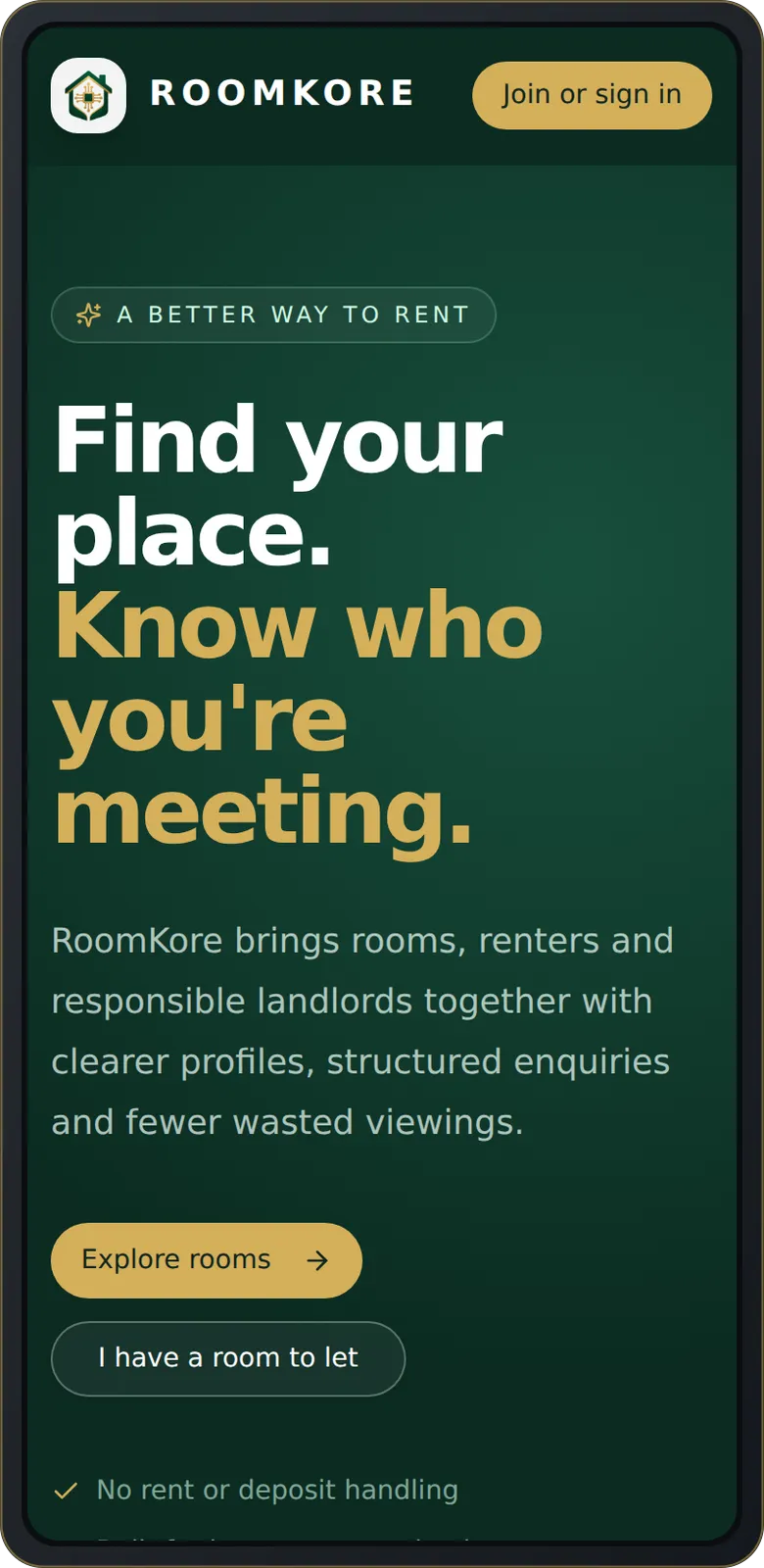 RoomKore home page on a phone