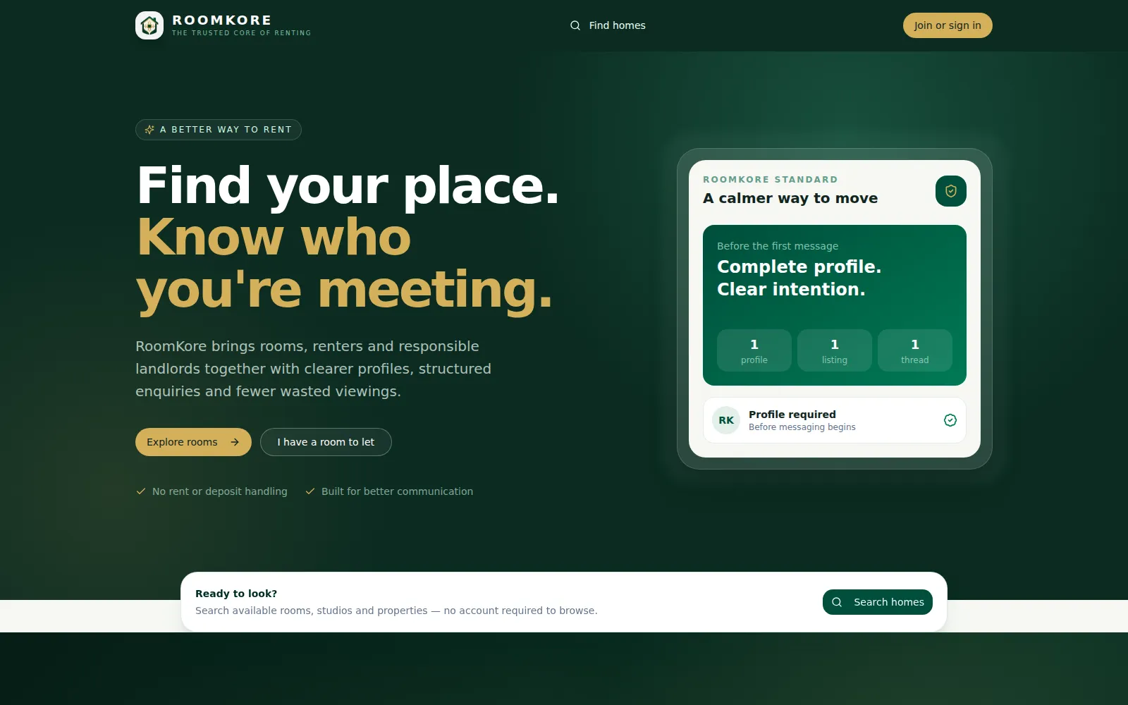 RoomKore public website home page on a desktop screen